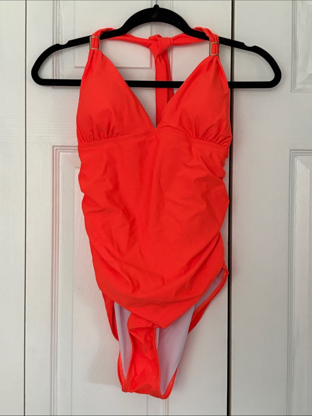 SHEIN Bright Orange One-Piece Halter Swimsuit with ruching - Large NWOT